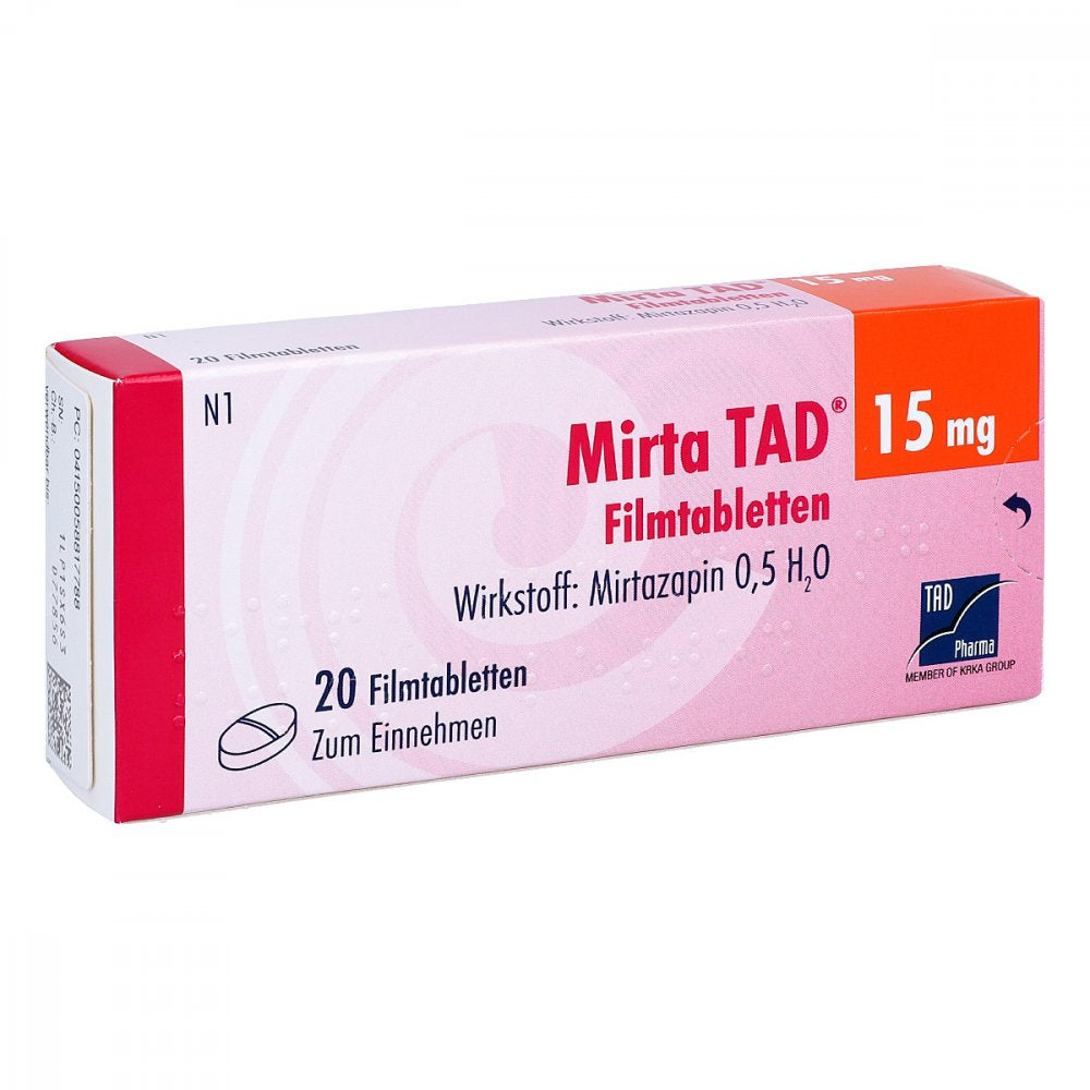 Das Produktfoto zeigt Mirta Tad 15 Mg Filmtabletten (20 stk) PZN 05881778