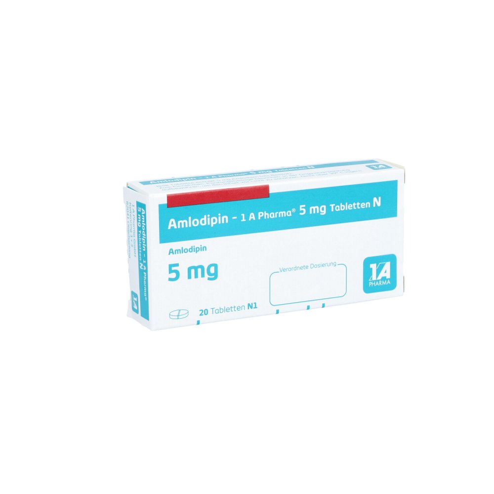 Das Produktfoto zeigt Amlodipin-1a Pharma 5 Mg Tabletten N (20 stk) PZN 05881985