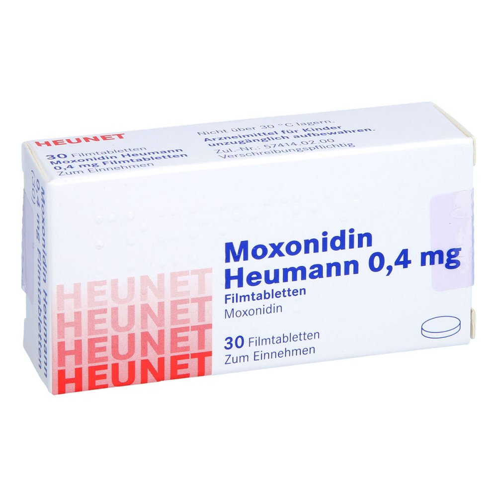 Das Produktfoto zeigt Moxonidin Heumann 0,4 Mg Filmtabl.Heunet (30 stk) PZN 05887108
