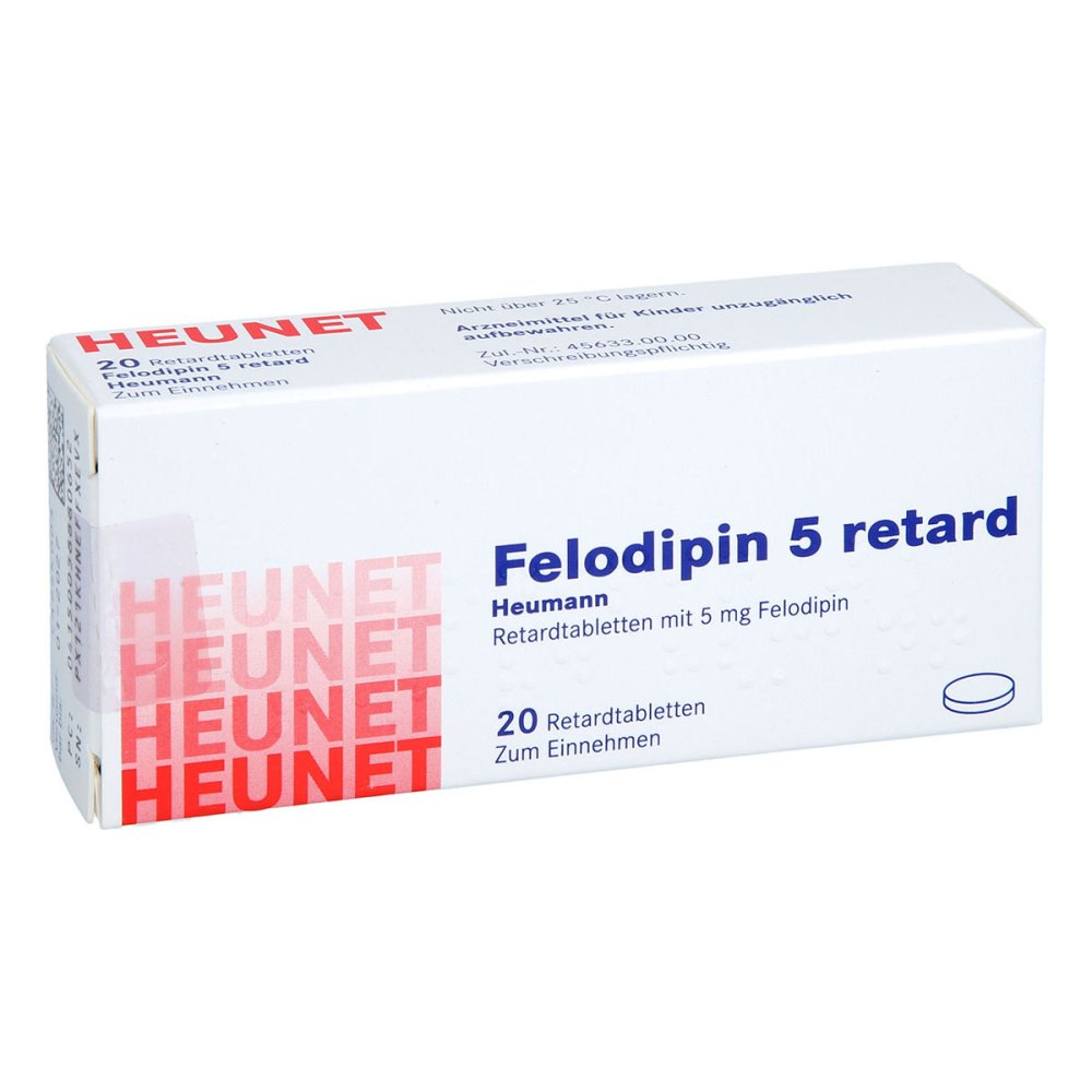 Das Produktfoto zeigt Felodipin 5 Mg Retard Heumann Tabl.Heunet (20 stk) PZN 05888065