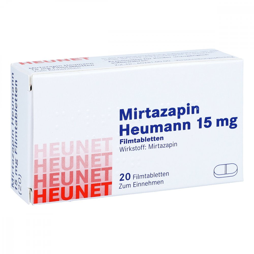 Das Produktfoto zeigt Mirtazapin Heumann 15 Mg Filmtabl.Heunet (20 stk) PZN 05890487