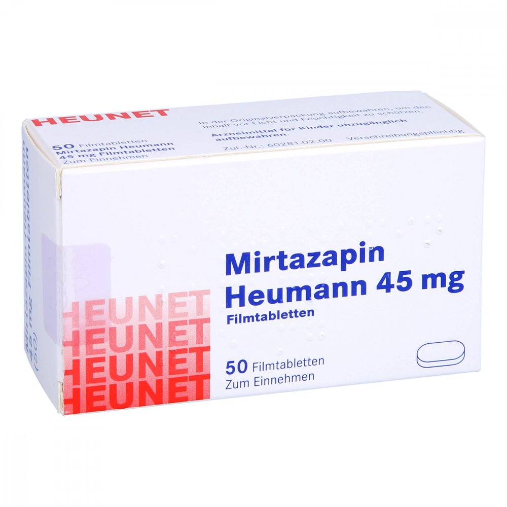 Das Produktfoto zeigt Mirtazapin Heumann 45 Mg Filmtabl.Heunet (50 stk) PZN 05890553