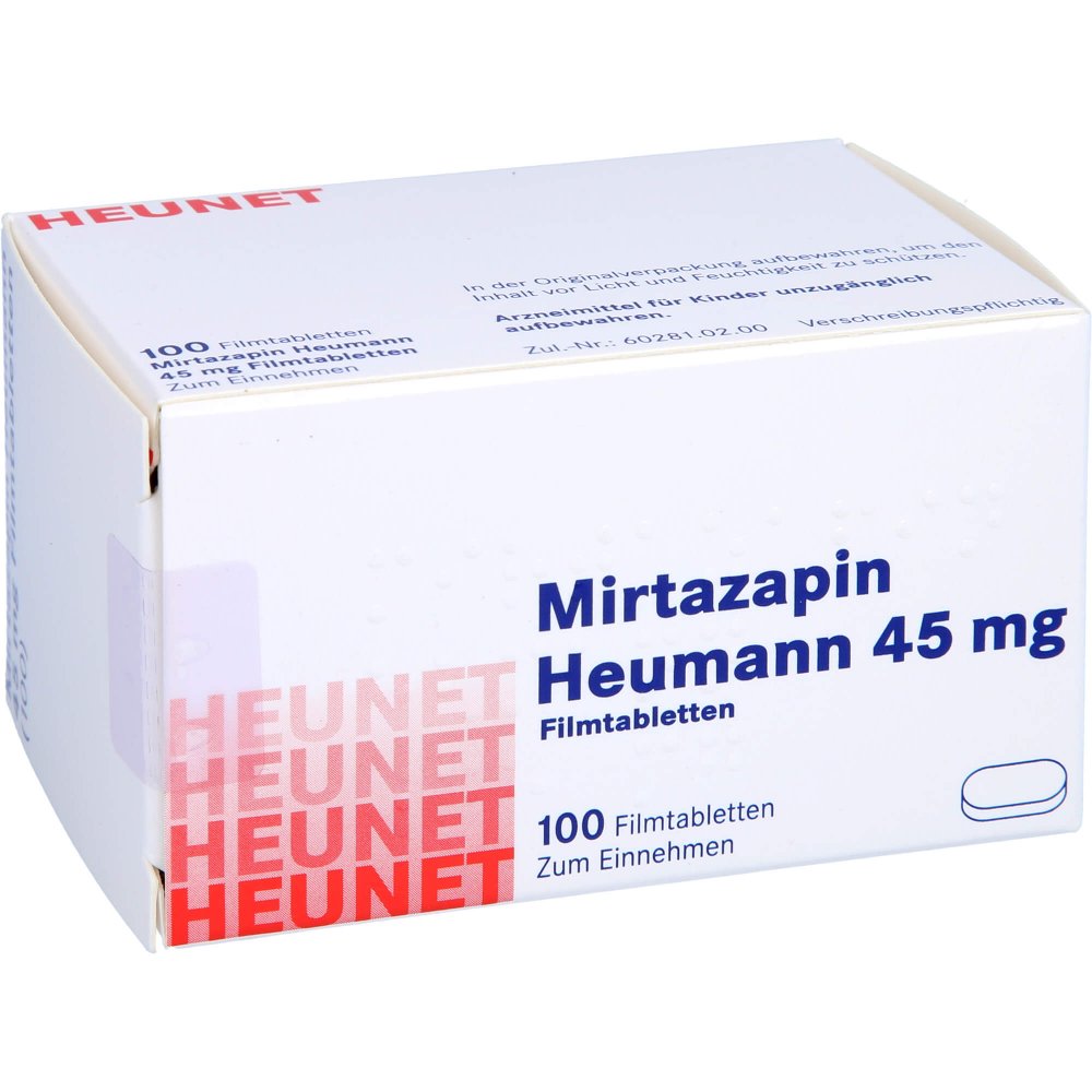 Das Produktfoto zeigt Mirtazapin Heumann 45 Mg Filmtabl.Heunet (100 stk) PZN 05890576