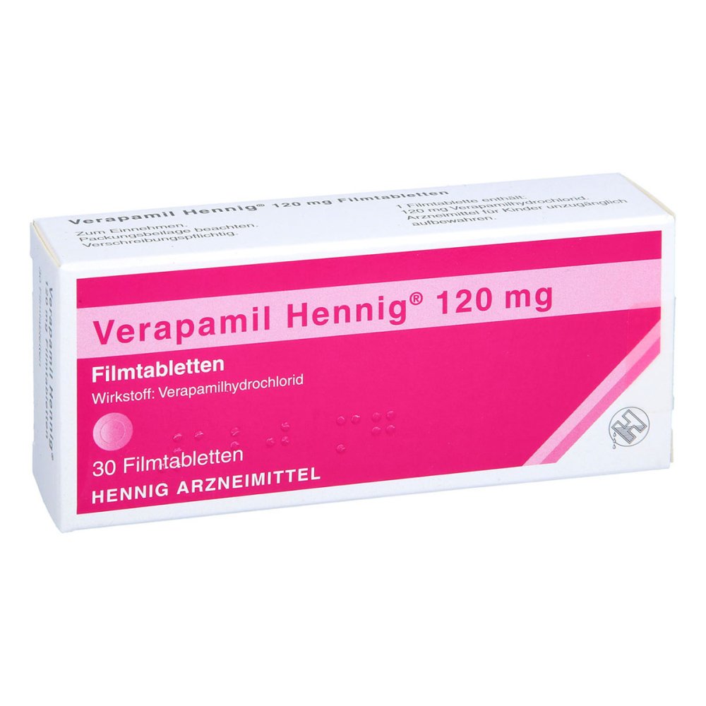 Das Produktfoto zeigt Verapamil Hennig 120 Mg Filmtabletten (30 stk) PZN 05891179