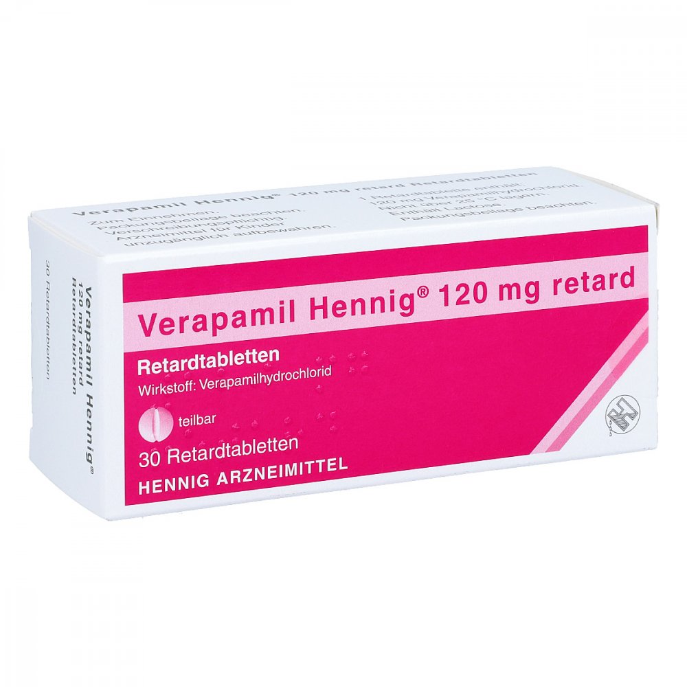 Das Produktfoto zeigt Verapamil Hennig 120 Mg Retard Tabl. (30 stk) PZN 05891191