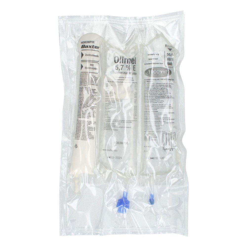 Das Produktfoto zeigt Olimel 5,7% E Emulsion Zur Infusion (6X1000 ml) PZN 05900286