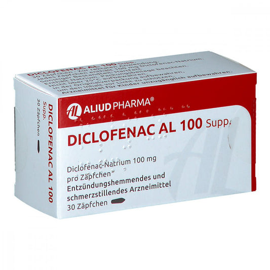 Das Produktfoto zeigt Diclofenac Al 100 Suppositorien (30 stk) PZN 05904835