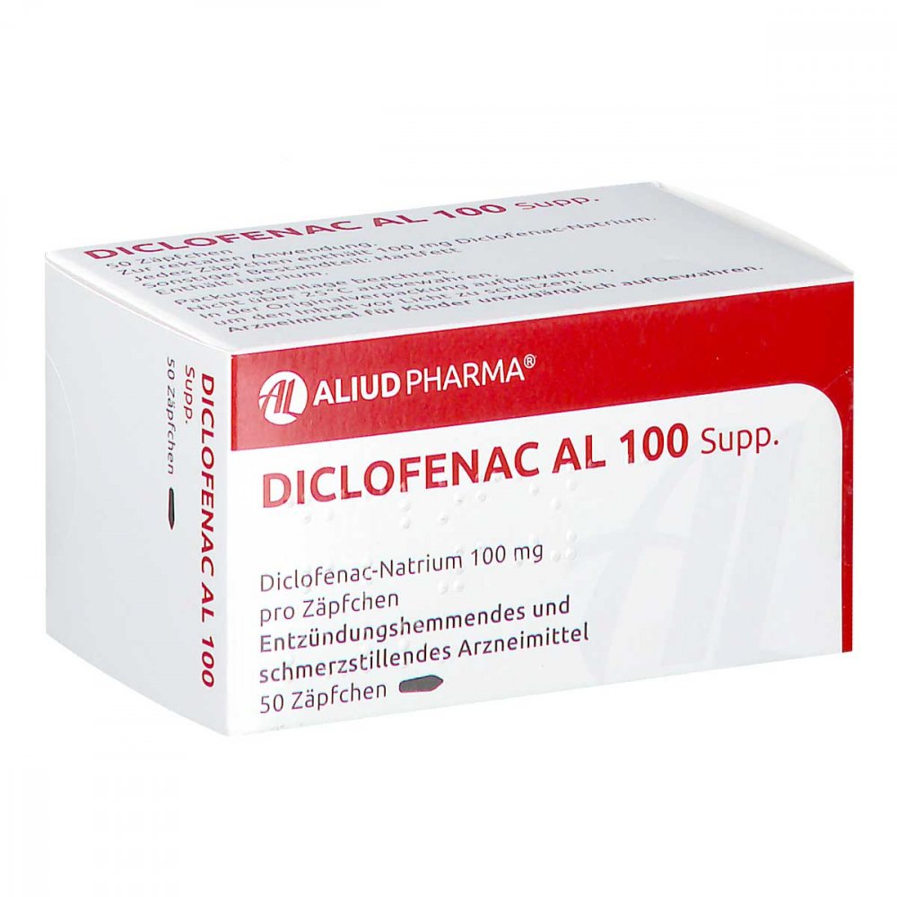 Das Produktfoto zeigt Diclofenac Al 100 Suppositorien (50 stk) PZN 05904841