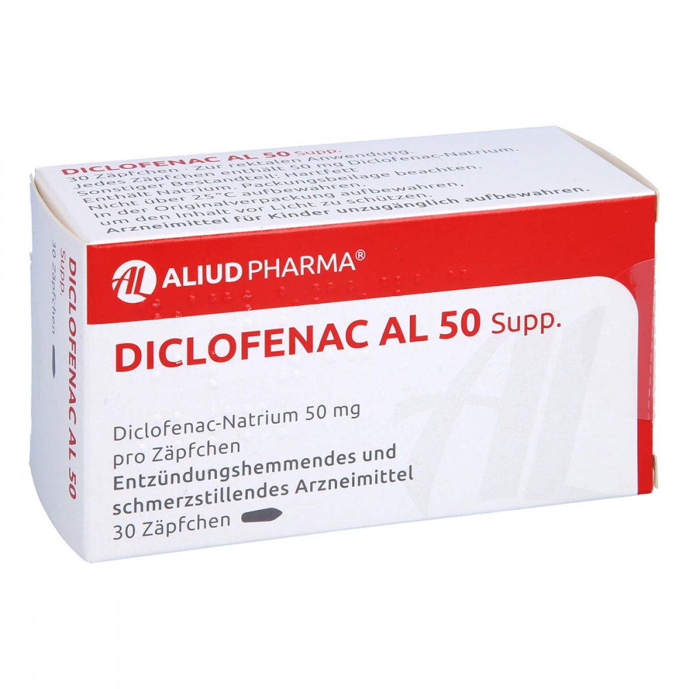 Das Produktfoto zeigt Diclofenac Al 50 Suppositorien (30 stk) PZN 05904858