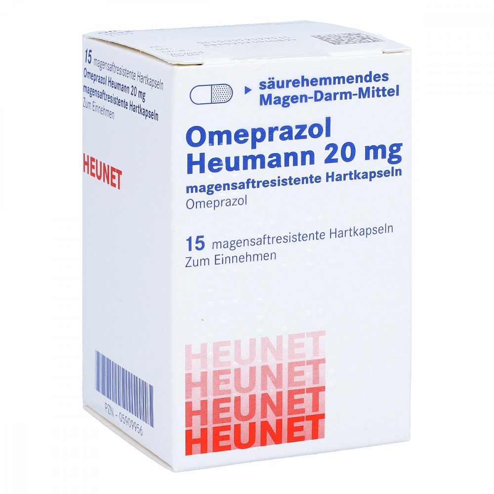 Das Produktfoto zeigt Omeprazol Heumann 20 Mg Magensaftr.Hartkps.Heunet (15 stk) PZN 05909956