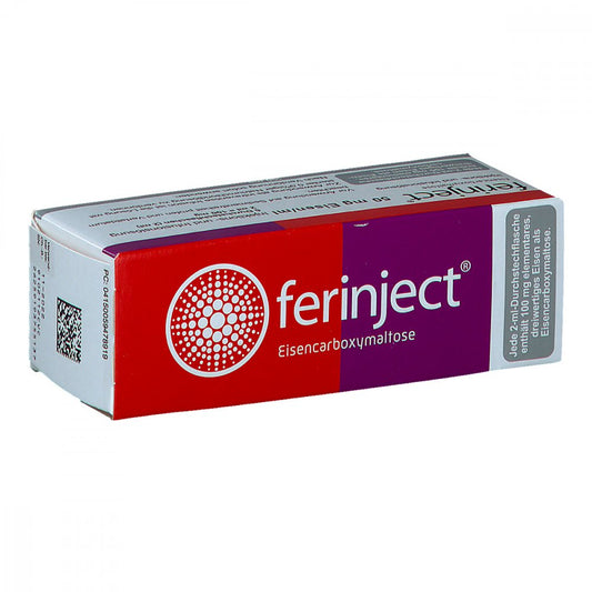 Das Produktfoto zeigt Ferinject 50 Mg Eisen/Ml Inj.-/Inf.-Lsg.100mg (5X2 ml) PZN 05947891