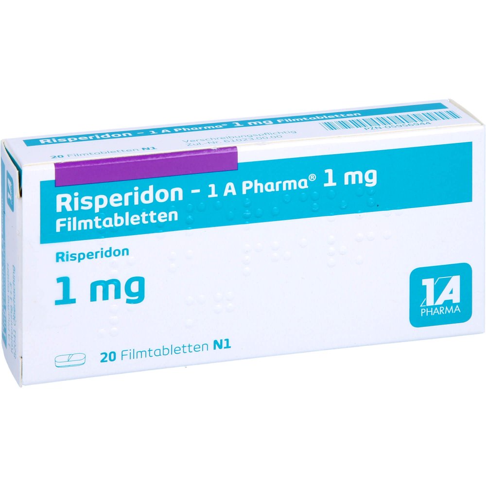 Das Produktfoto zeigt Risperidon-1a Pharma 1 Mg Filmtabletten (20 stk) PZN 05956944