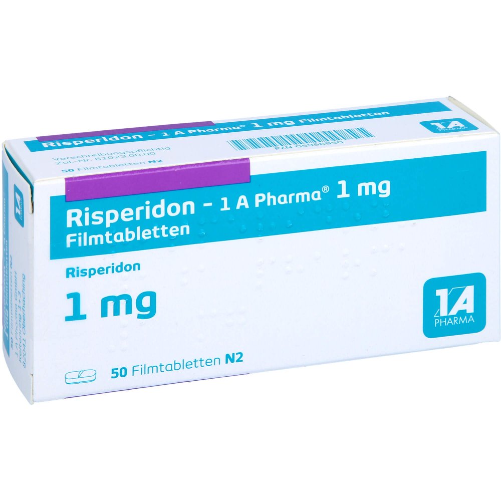 Das Produktfoto zeigt Risperidon-1a Pharma 1 Mg Filmtabletten (50 stk) PZN 05956950