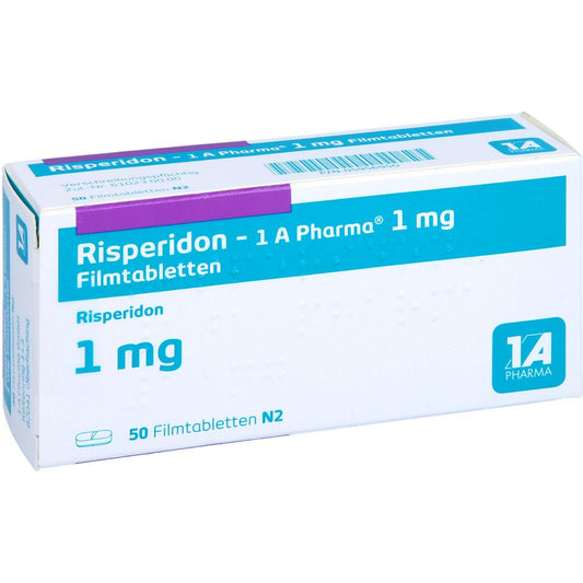 Das Produktfoto zeigt Risperidon-1a Pharma 1 Mg Filmtabletten (50 stk) PZN 05956950
