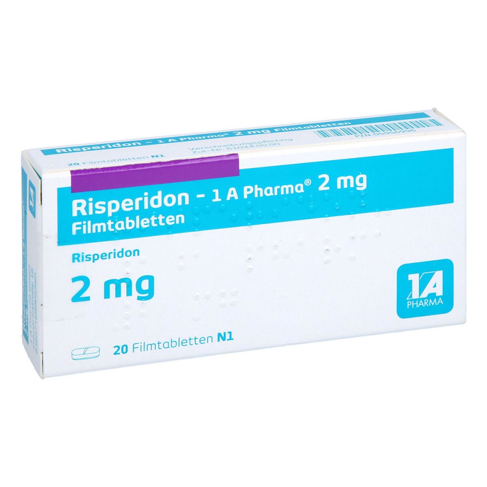 Das Produktfoto zeigt Risperidon-1a Pharma 2 Mg Filmtabletten (20 stk) PZN 05956996