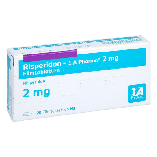 Das Produktfoto zeigt Risperidon-1a Pharma 2 Mg Filmtabletten (20 stk) PZN 05956996