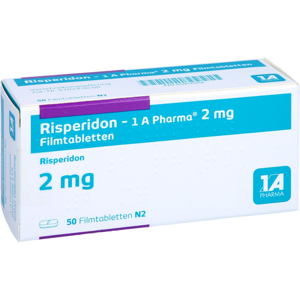 Das Produktfoto zeigt Risperidon-1a Pharma 2 Mg Filmtabletten (50 stk) PZN 05957004
