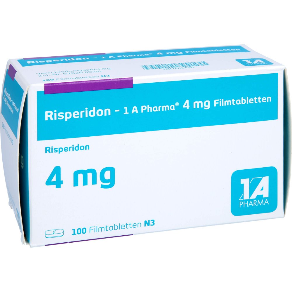 Das Produktfoto zeigt Risperidon-1a Pharma 4 Mg Filmtabletten (100 stk) PZN 05957091