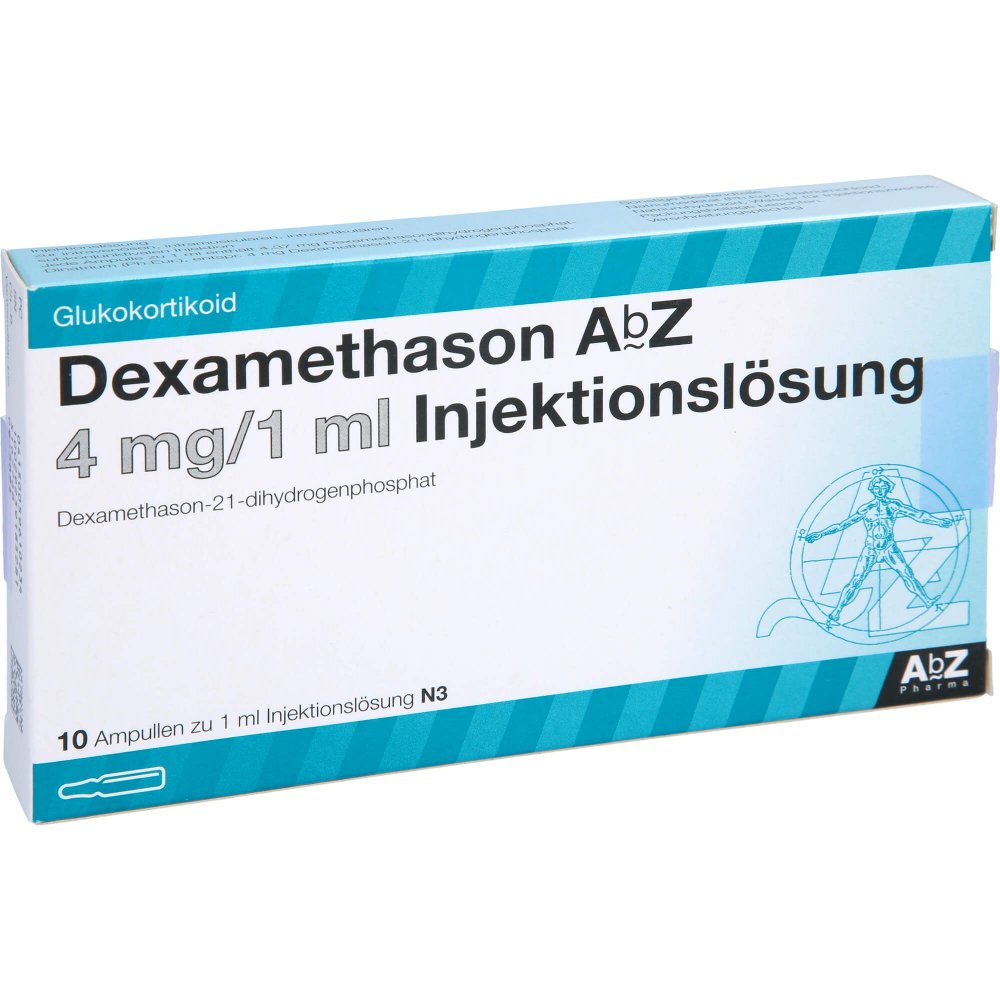 Das Produktfoto zeigt Dexamethason Abz 4 Mg/1 Ml Injektionslsg.Ampullen (10 stk) PZN 05961023
