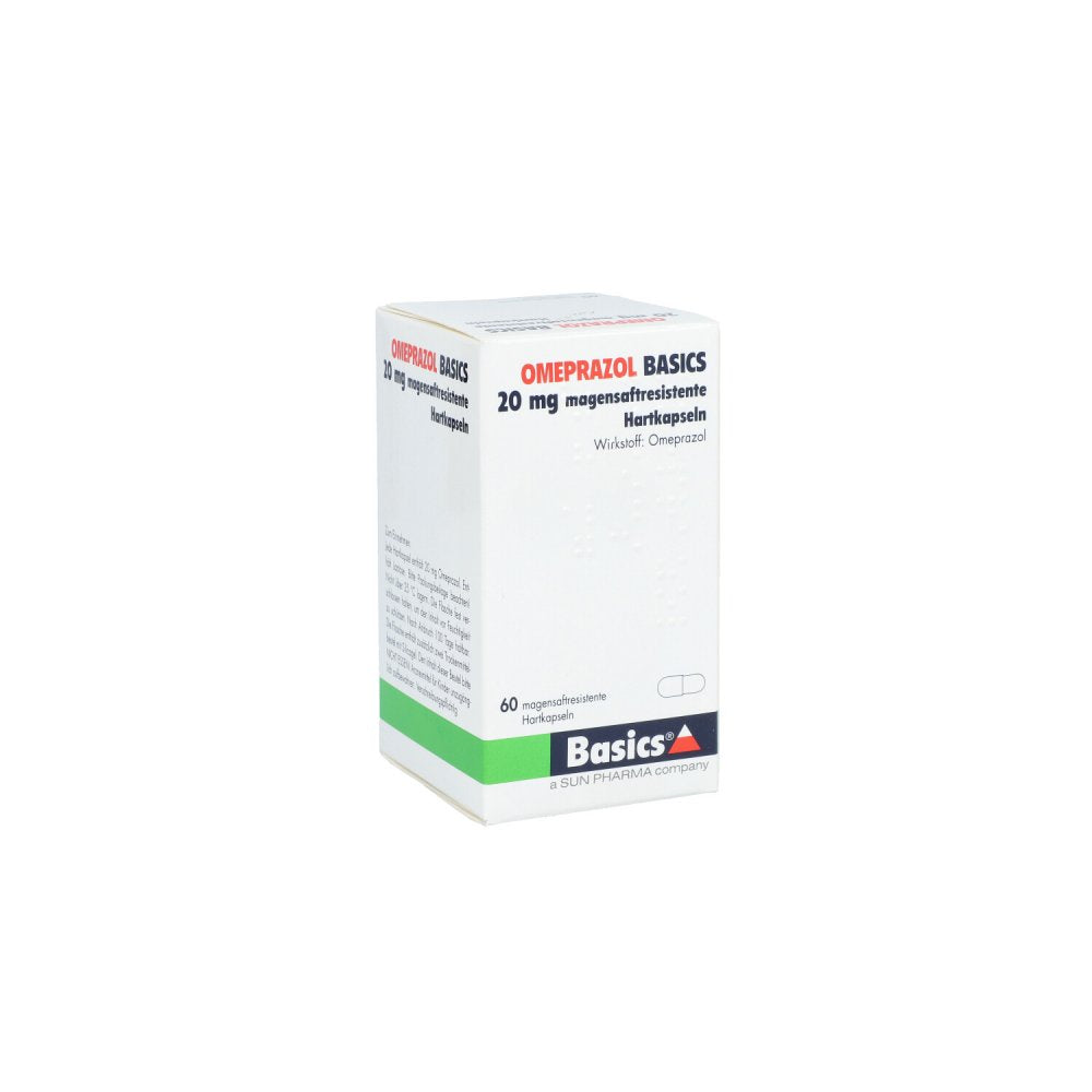 Das Produktfoto zeigt Omeprazol Basics 20 Mg Magensaftresist.Hartkapseln (60 stk) PZN 05968002