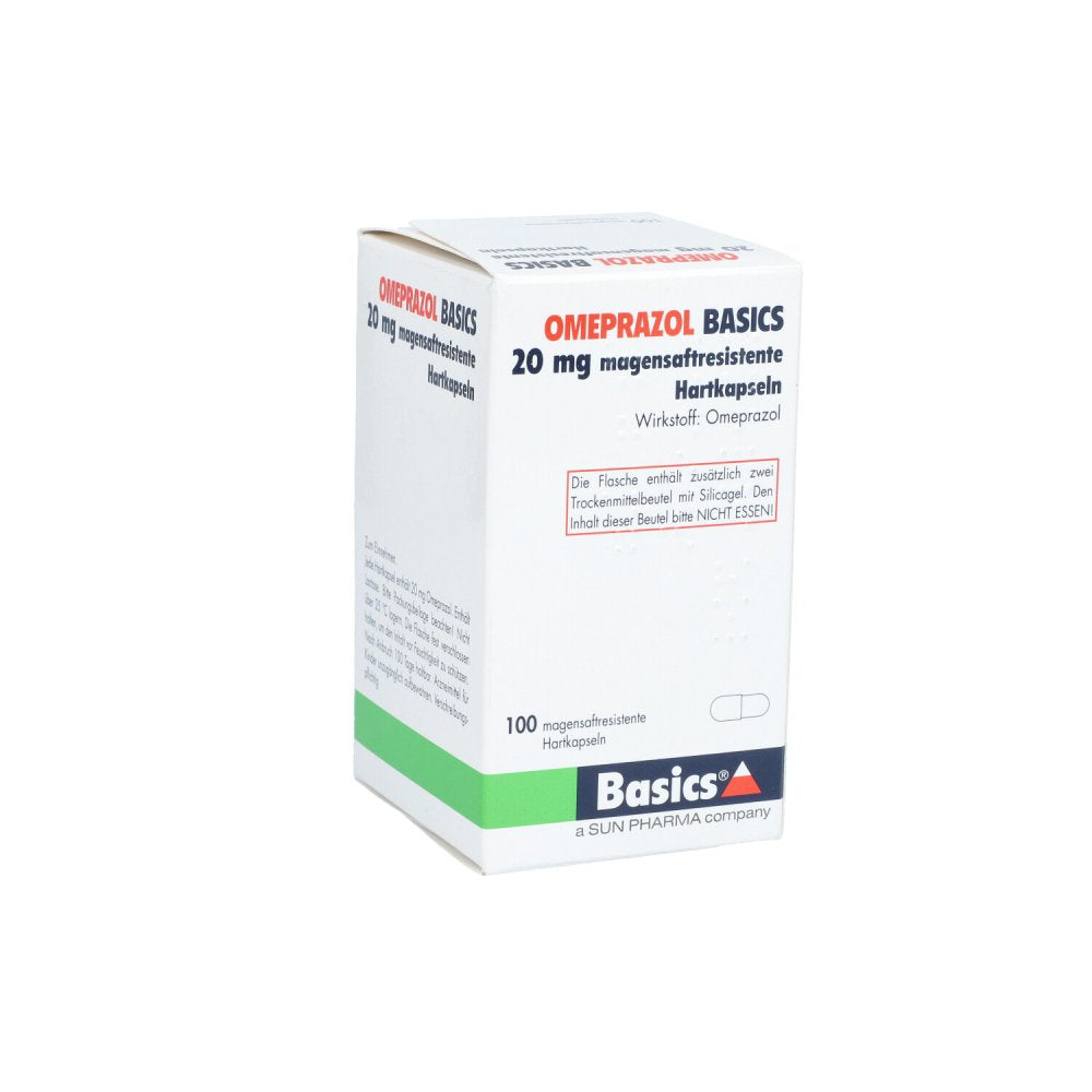 Das Produktfoto zeigt Omeprazol Basics 20 Mg Magensaftresist.Hartkapseln (100 stk) PZN 05968019