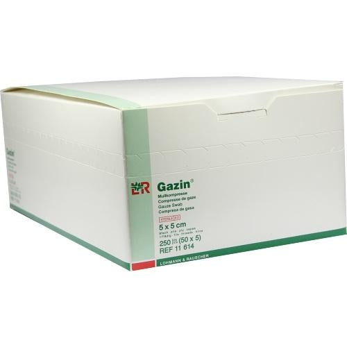 Das Produktfoto zeigt Gazin Mullkomp.5x5 Cm Steril 8fach (50X5 stk) PZN 05968373