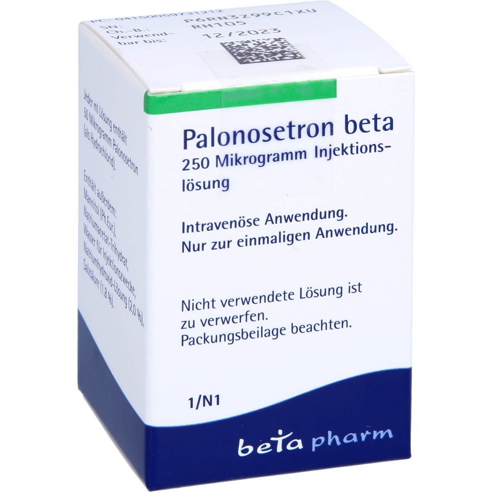 Das Produktfoto zeigt Palonosetron Beta 250 Mikrogramm/5 Ml Inj.-Lsg. (1 stk) PZN 05973121