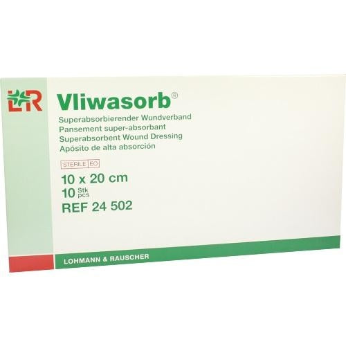 Das Produktfoto zeigt Vliwasorb Superabsorb.Saugkomp.Steril 10x20 Cm (10 stk) PZN 05974698