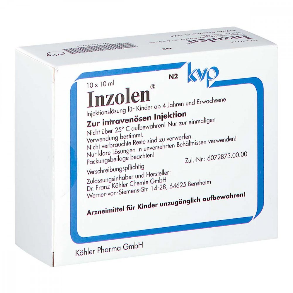 Das Produktfoto zeigt Inzolen Injektionslösung Ampullen (10X10 ml) PZN 05974764