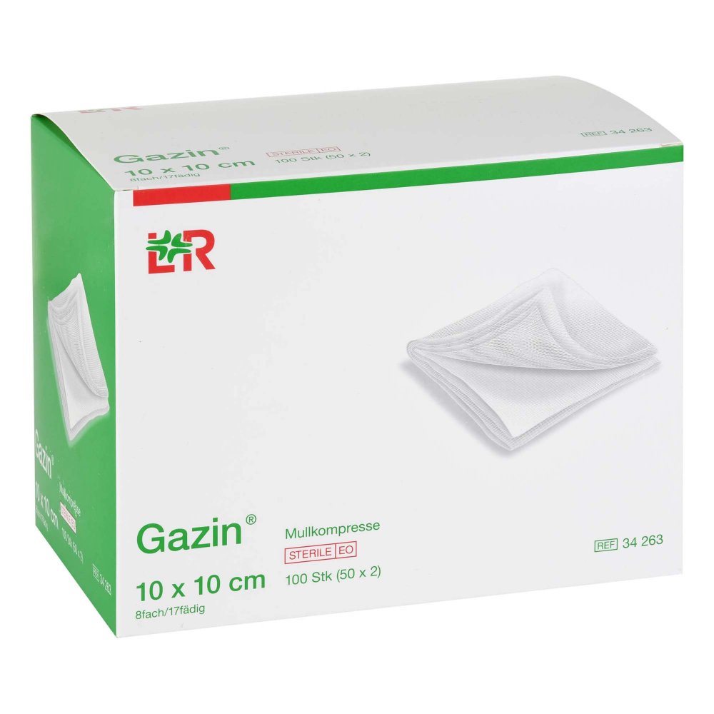 Das Produktfoto zeigt Gazin Mullkomp.10x10 Cm Steril 8fach (50X2 stk) PZN 05984076