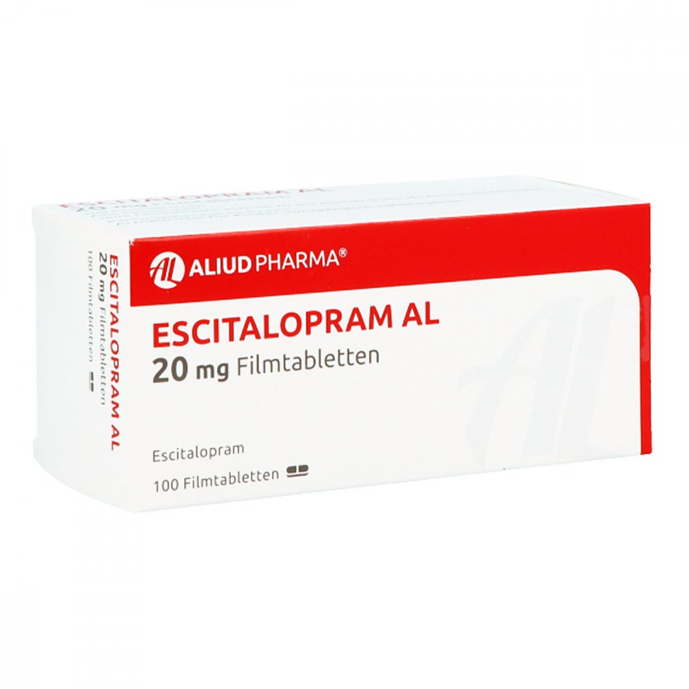 Das Produktfoto zeigt Escitalopram Al 20 Mg Filmtabletten (100 stk) PZN 05984633