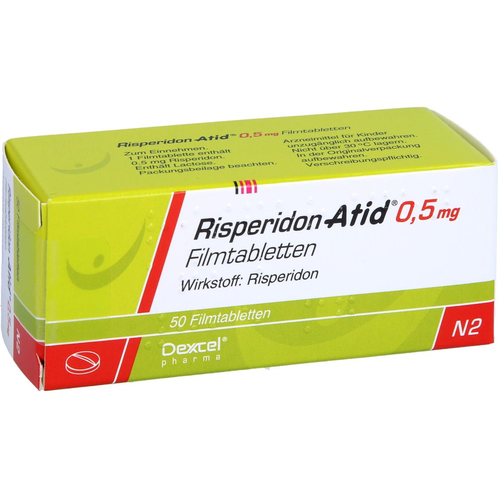 Das Produktfoto zeigt Risperidon Atid 0,5 Mg Filmtabletten (50 stk) PZN 05988921