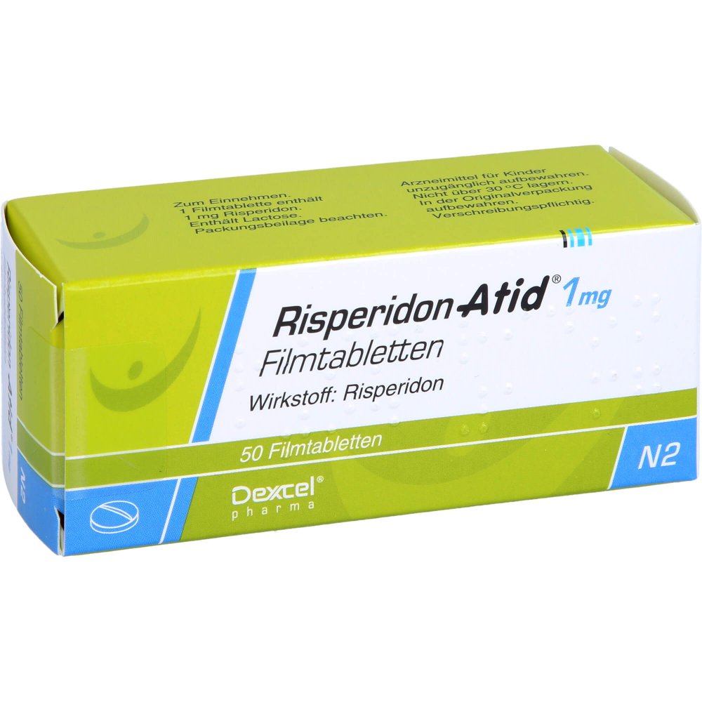 Das Produktfoto zeigt Risperidon Atid 1 Mg Filmtabletten (50 stk) PZN 05988944