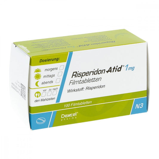 Das Produktfoto zeigt Risperidon Atid 1 Mg Filmtabletten (100 stk) PZN 05988950