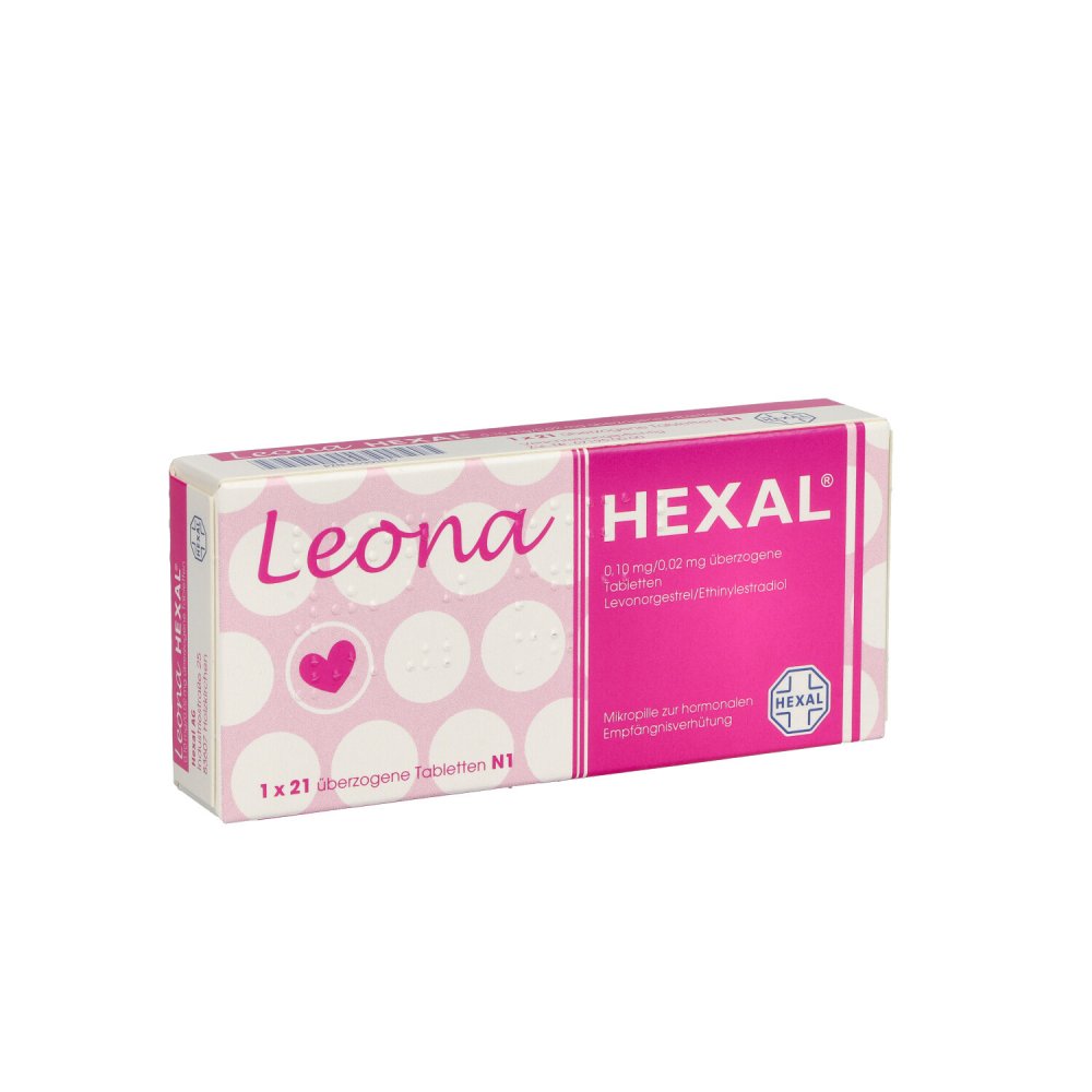 Das Produktfoto zeigt Leona Hexal 0,10 Mg/0,02 Mg Überz.Tabl. (21 stk) PZN 05991515