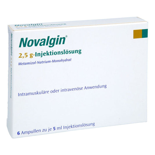 Das Produktfoto zeigt Novalgin 2,5 G-Injektionslösung Ampullen (6X5 ml) PZN 06053291