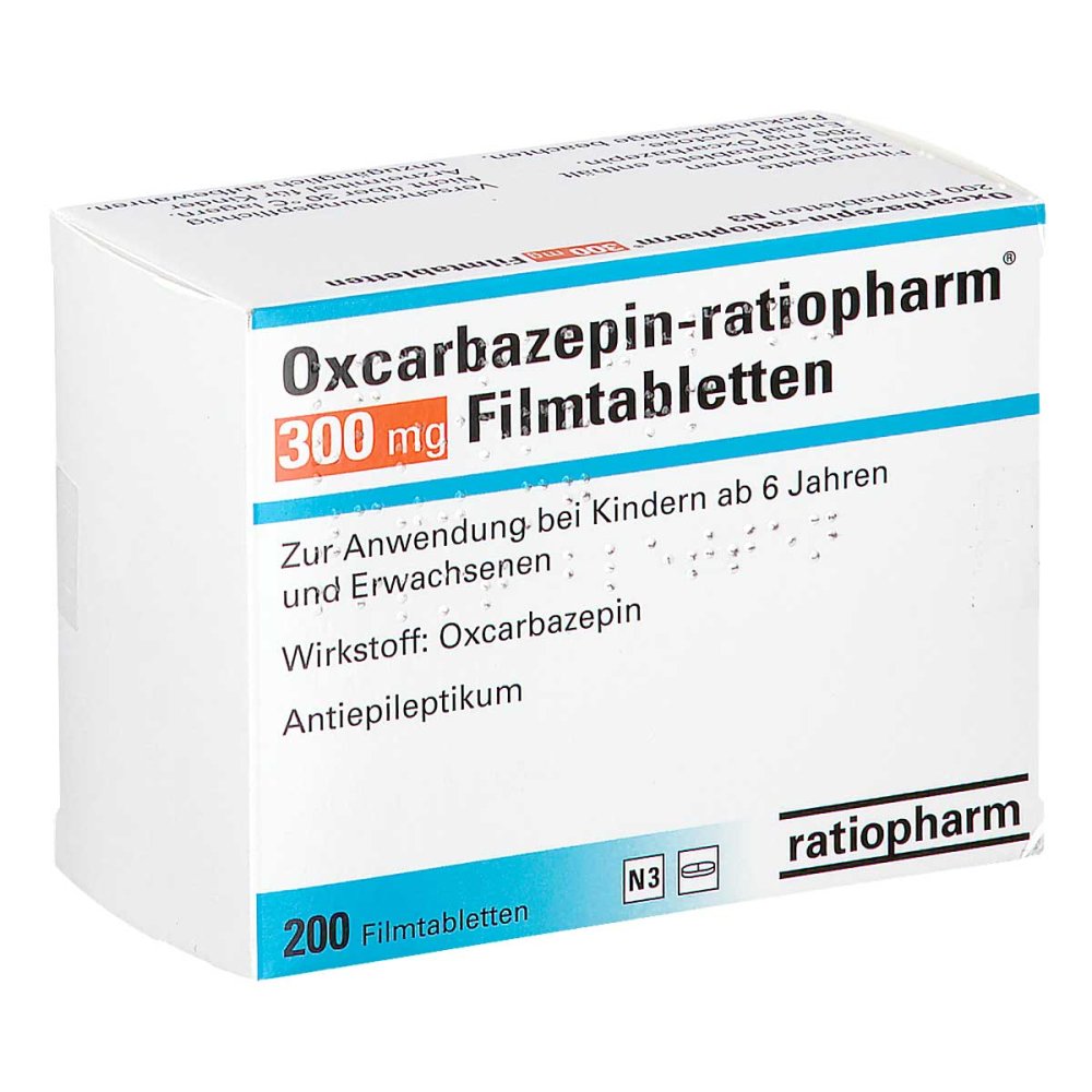 Das Produktfoto zeigt Oxcarbazepin-Ratiopharm 300 Mg Filmtabletten (200 stk) PZN 06055232