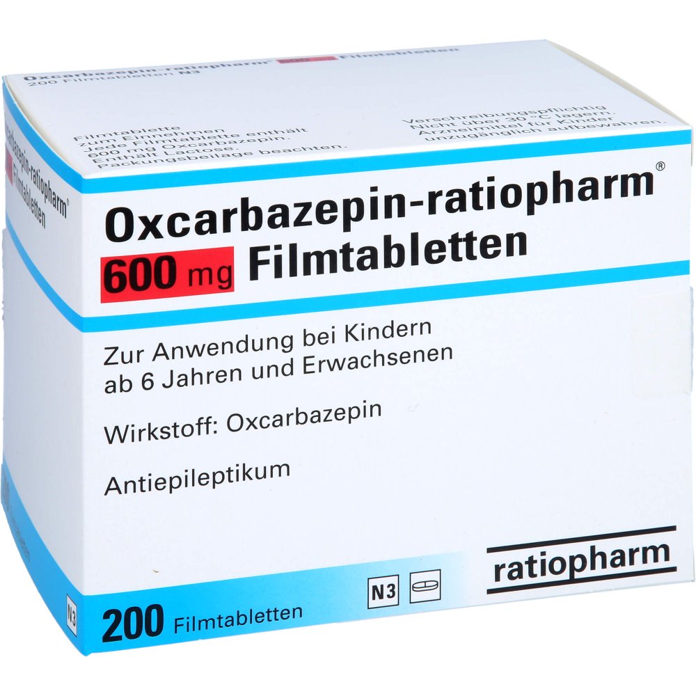 Das Produktfoto zeigt Oxcarbazepin-Ratiopharm 600 Mg Filmtabletten (200 stk) PZN 06055261