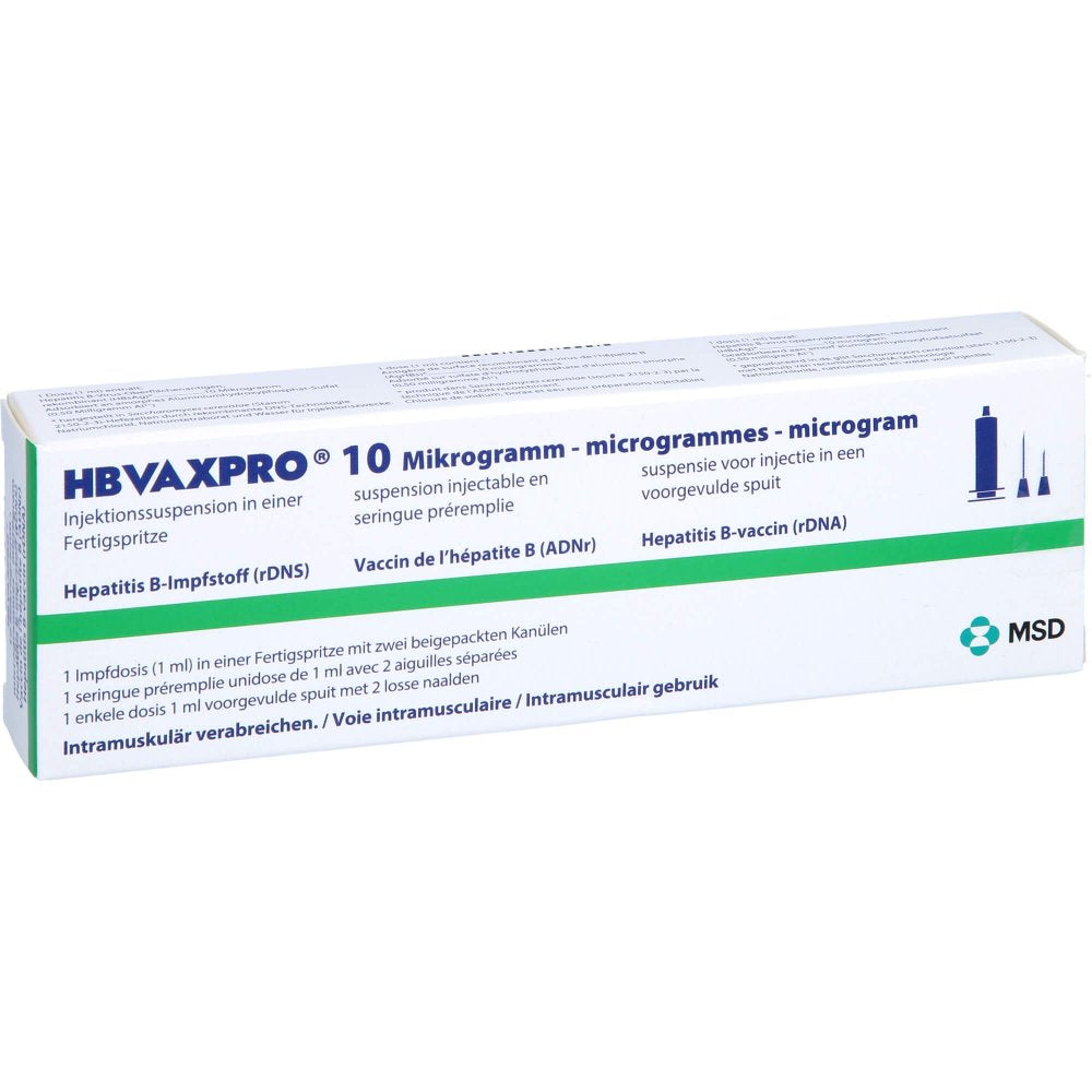 Das Produktfoto zeigt Hbvaxpro 10 Μg Inj.-Susp.I.E.Fertigspr.M.Kanüle (1 ml) PZN 06067844