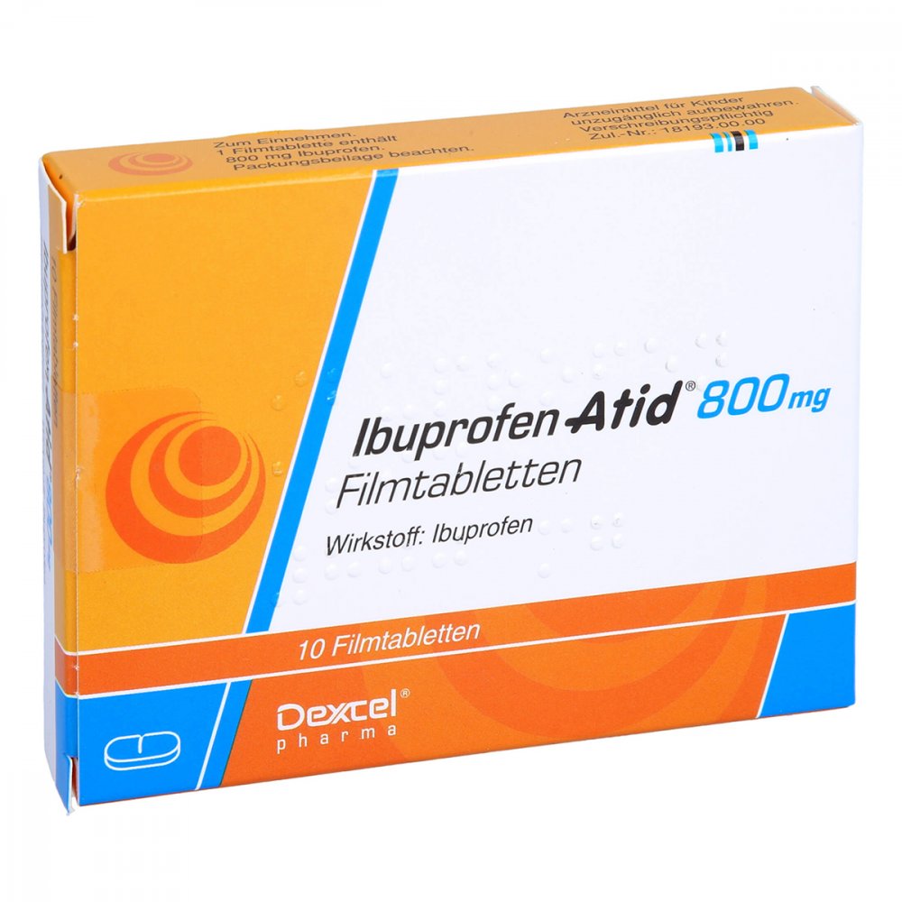 Das Produktfoto zeigt Ibuprofen Atid 800 Mg Filmtabletten (10 stk) PZN 06068045