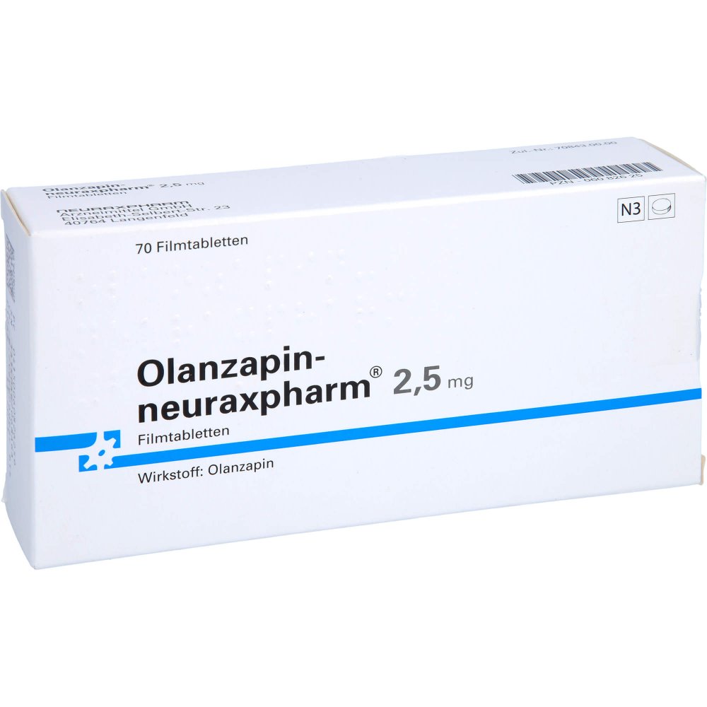 Das Produktfoto zeigt Olanzapin-Neuraxpharm 2,5 Mg Filmtabletten (70 stk) PZN 06082625