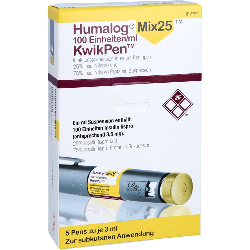 Das Produktfoto zeigt Humalog Mix 25 100 E/Ml Kwikpen Injektionssusp. (5 stk) PZN 06087108