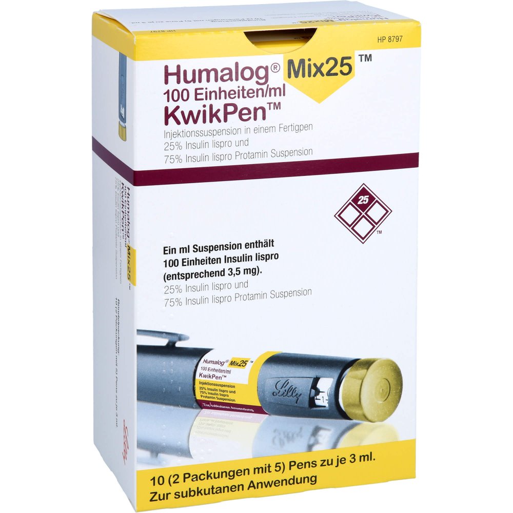 Das Produktfoto zeigt Humalog Mix 25 100 E/Ml Kwikpen Injektionssusp. (10 stk) PZN 06087114