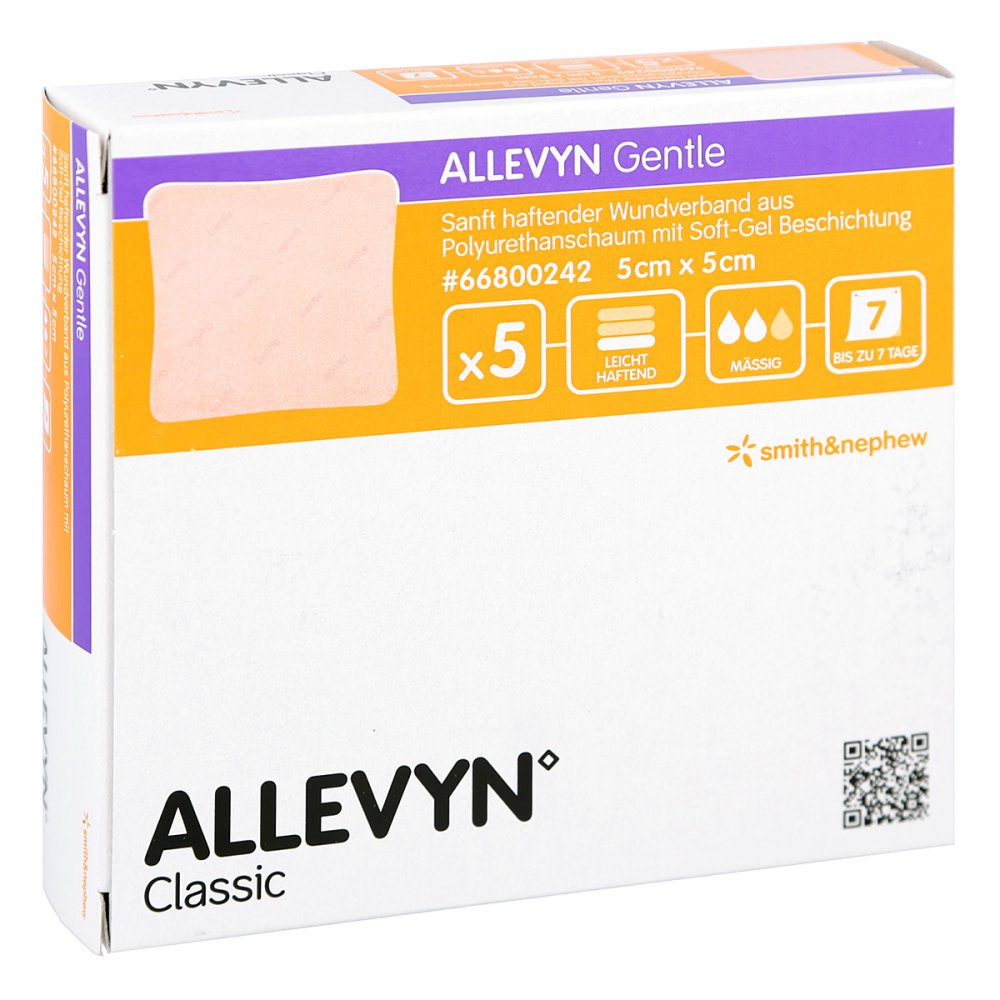 Das Produktfoto zeigt Allevyn Gentle 5x5 Cm Schaumverband (5 stk) PZN 06087367