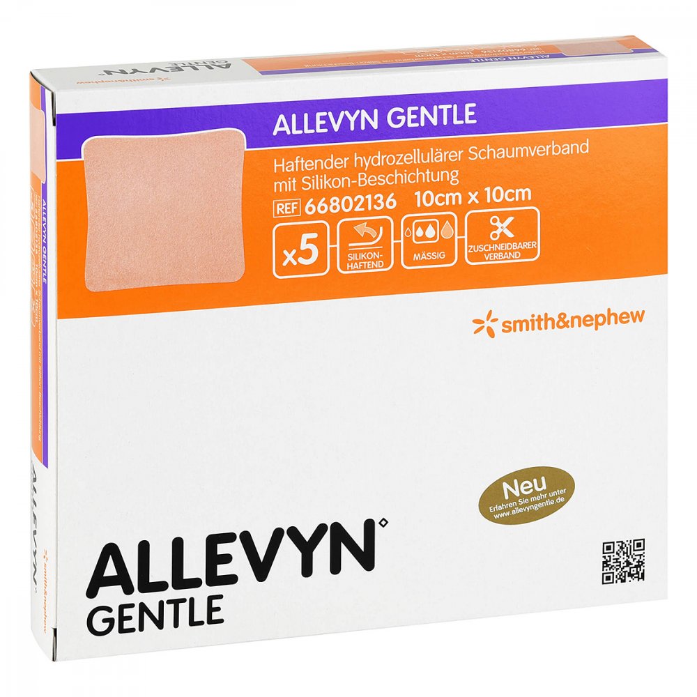 Das Produktfoto zeigt Allevyn Gentle 10x10 Cm Schaumverband (5 stk) PZN 06087373