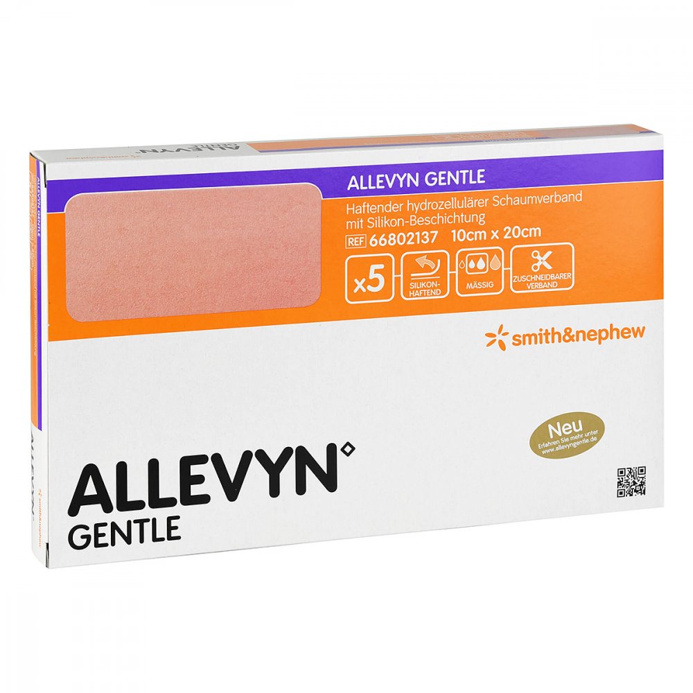 Das Produktfoto zeigt Allevyn Gentle 10x20 Cm Schaumverband (5 stk) PZN 06087396