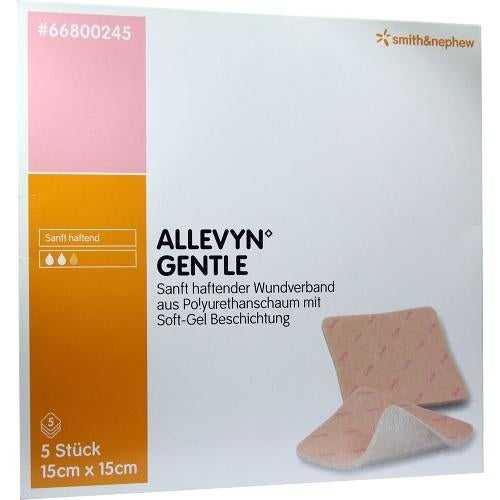 Das Produktfoto zeigt Allevyn Gentle 15x15 Cm Schaumverband (5 stk) PZN 06087404