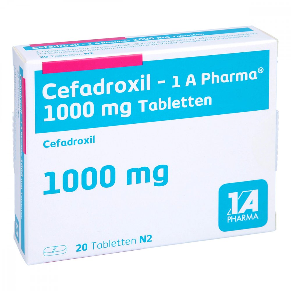 Das Produktfoto zeigt Cefadroxil-1a Pharma 1000 Mg Tabletten (20 stk) PZN 06092658