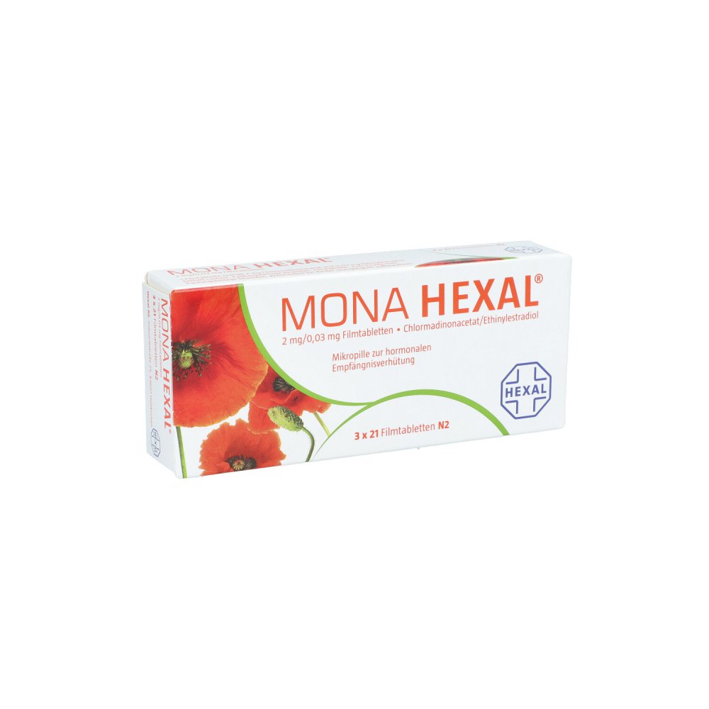 Das Produktfoto zeigt Mona Hexal 2 Mg/0,03 Mg Filmtabletten (3X21 stk) PZN 06094321