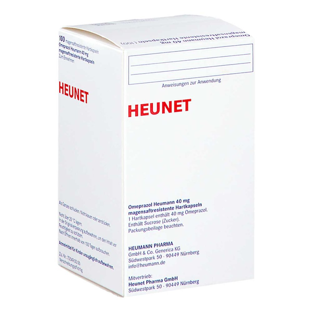Das Produktfoto zeigt Omeprazol Heumann 40 Mg Magensaftr.Hartkps.Heunet (100 stk) PZN 06100027